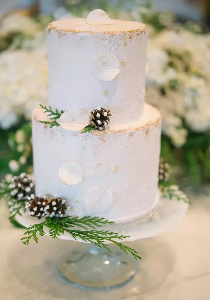 Пример оформления зимнего свадебного торта 2022