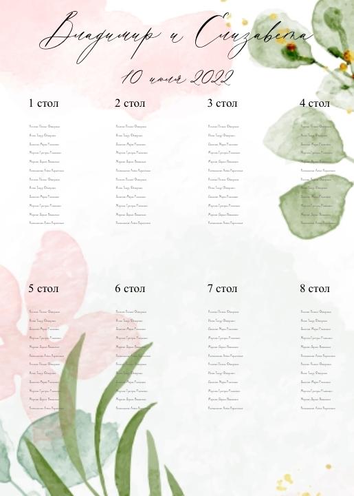 Таблица рассадки с акварельными цветами