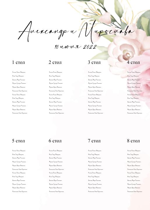 Таблица рассадки с нежно-розовыми цветами